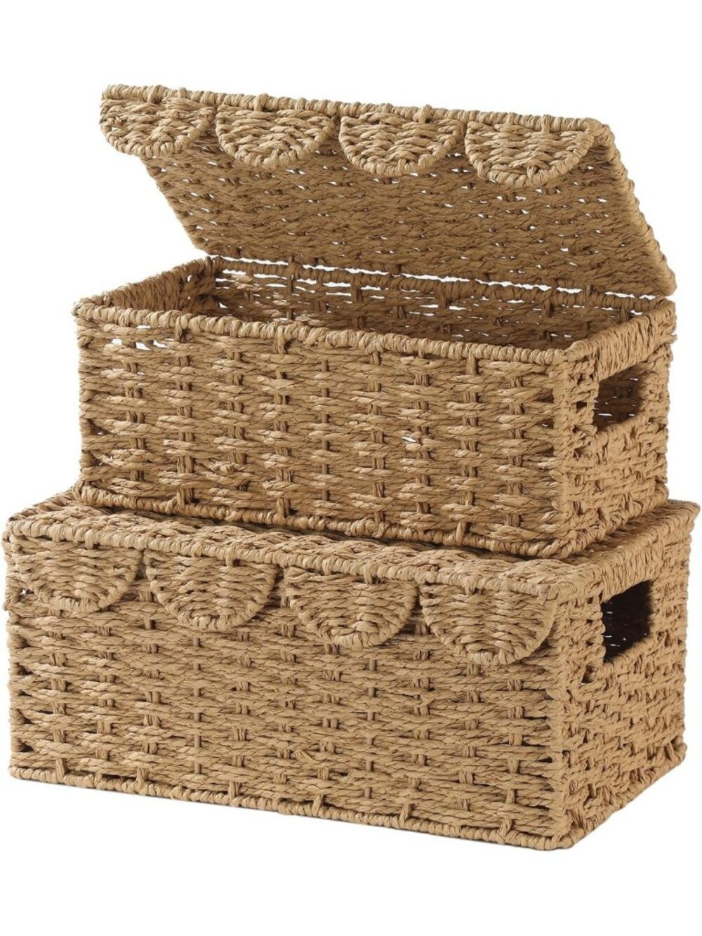Set of 2 Scalloped Wicker Baskets with Lids - Stylish Storage for Home Decor